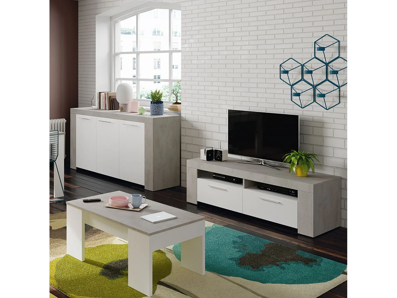 Buffet WENDY 3 ante L144cm - Bianco e cemento, Design moderno, Ampio spazio di archiviazione