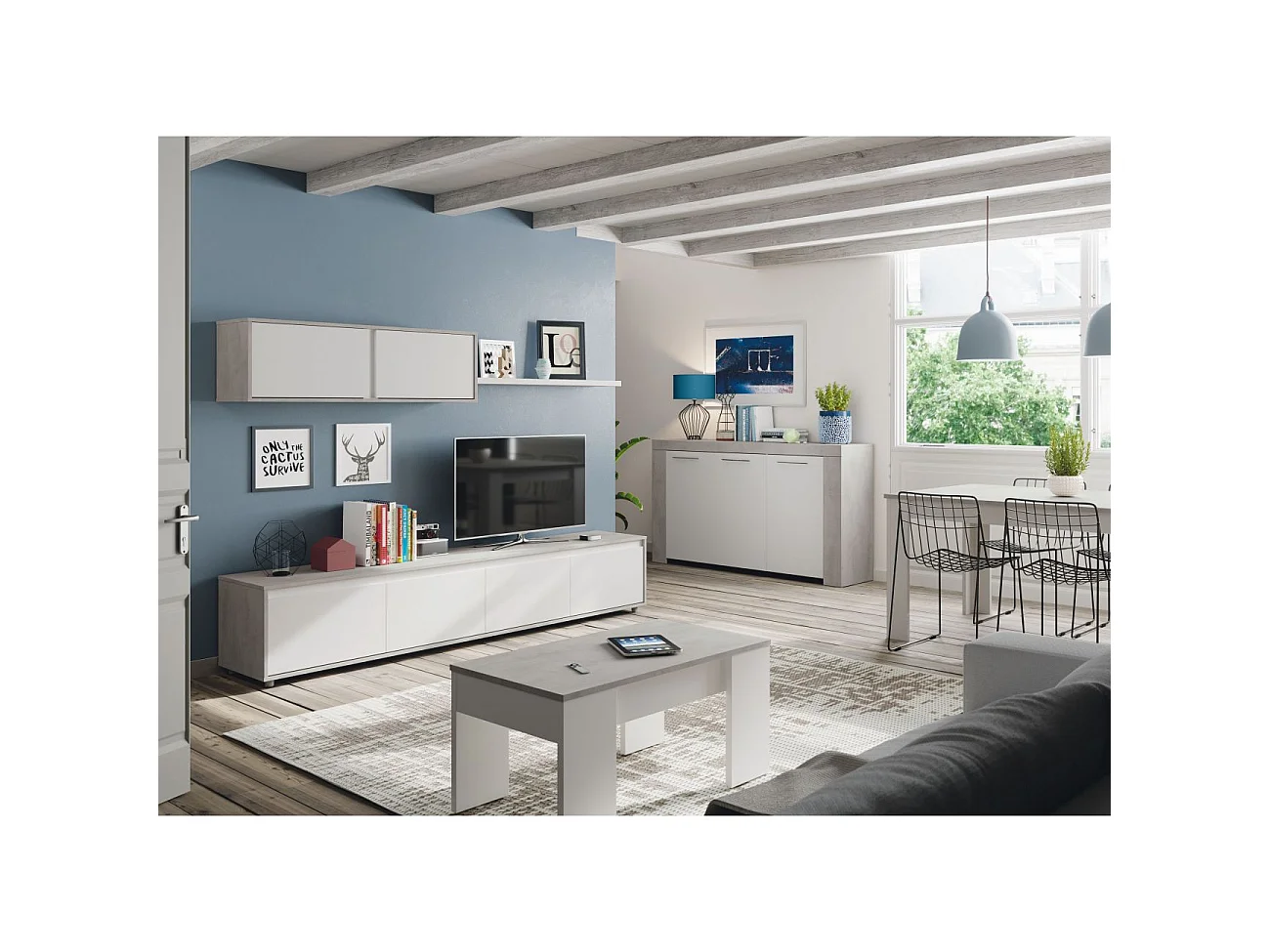 Buffet WENDY 3 ante L144cm - Bianco e cemento, Design moderno, Ampio spazio di archiviazione