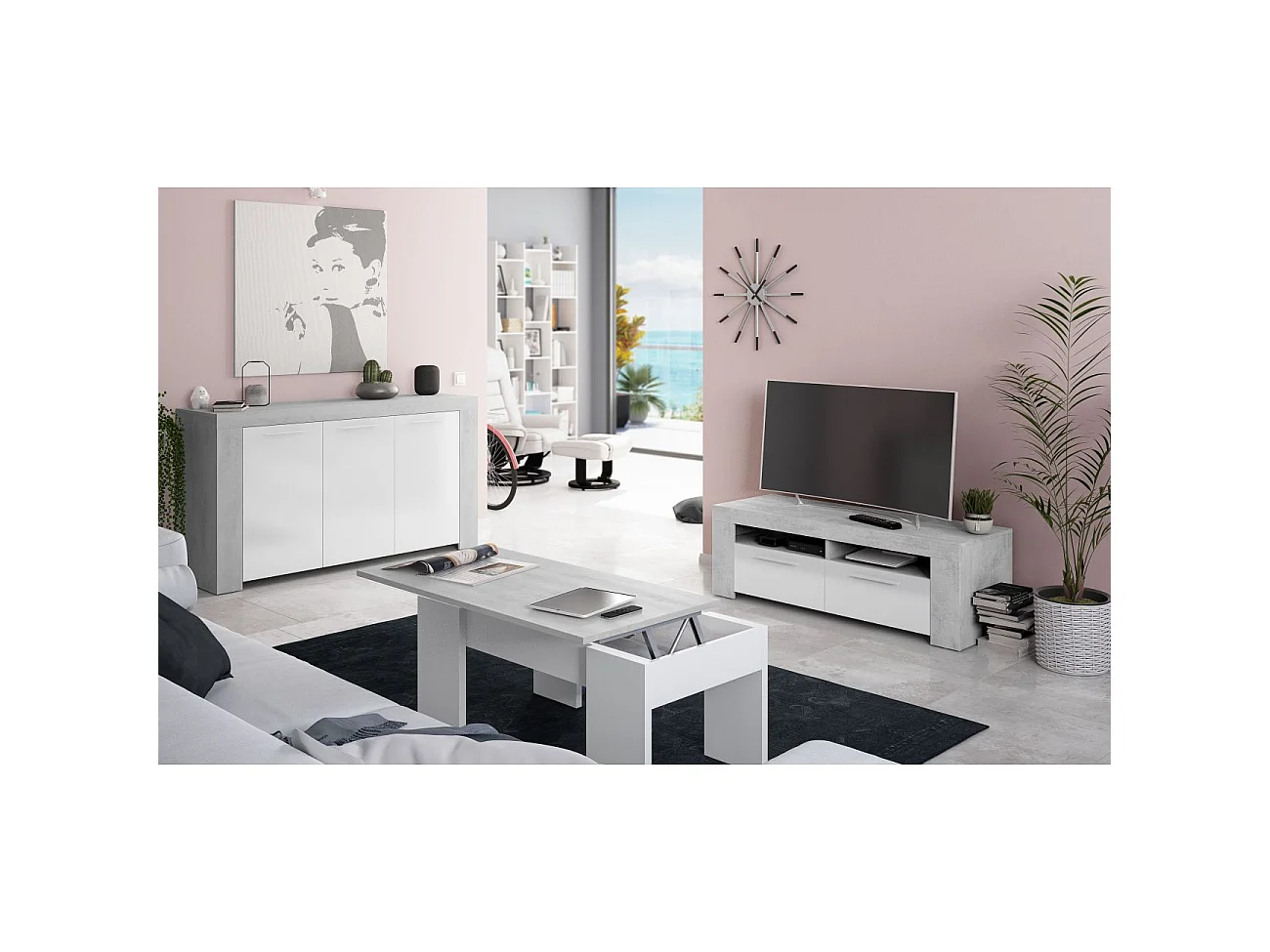 Buffet WENDY 3 ante L144cm - Bianco e cemento, Design moderno, Ampio spazio di archiviazione