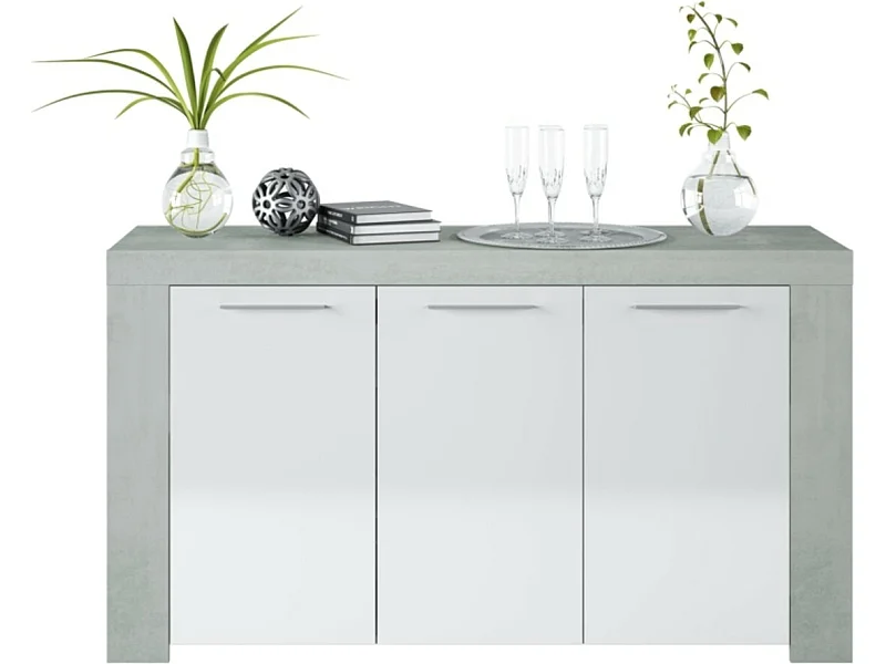 Buffet WENDY 3 deuren L144cm - Wit en beton, Modern Design, Ruime opbergruimte