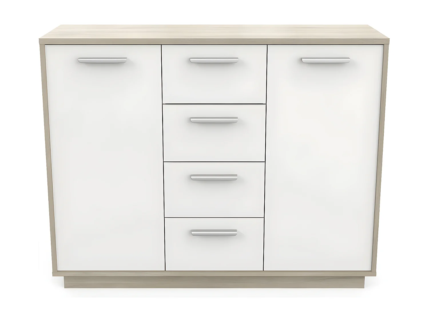 Buffet 2 portes 4 tiroirs, décor bois et blanc L113 cm - Léo