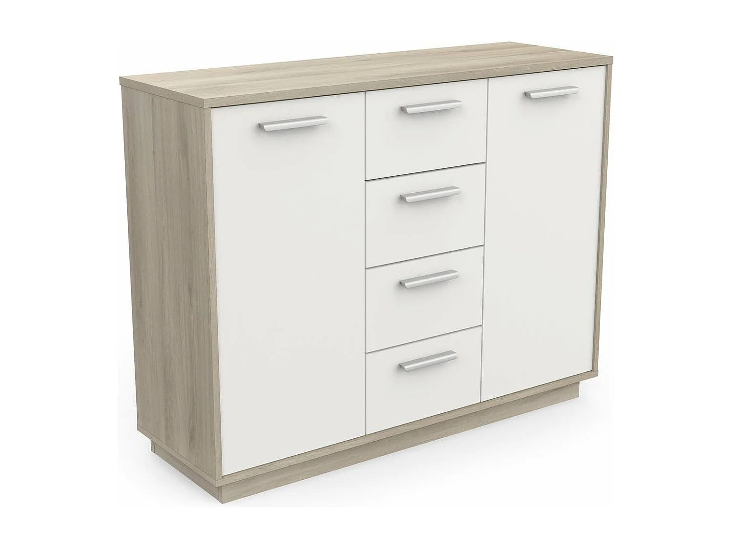 Buffet 2 portes 4 tiroirs, décor bois et blanc L113 cm - Léo