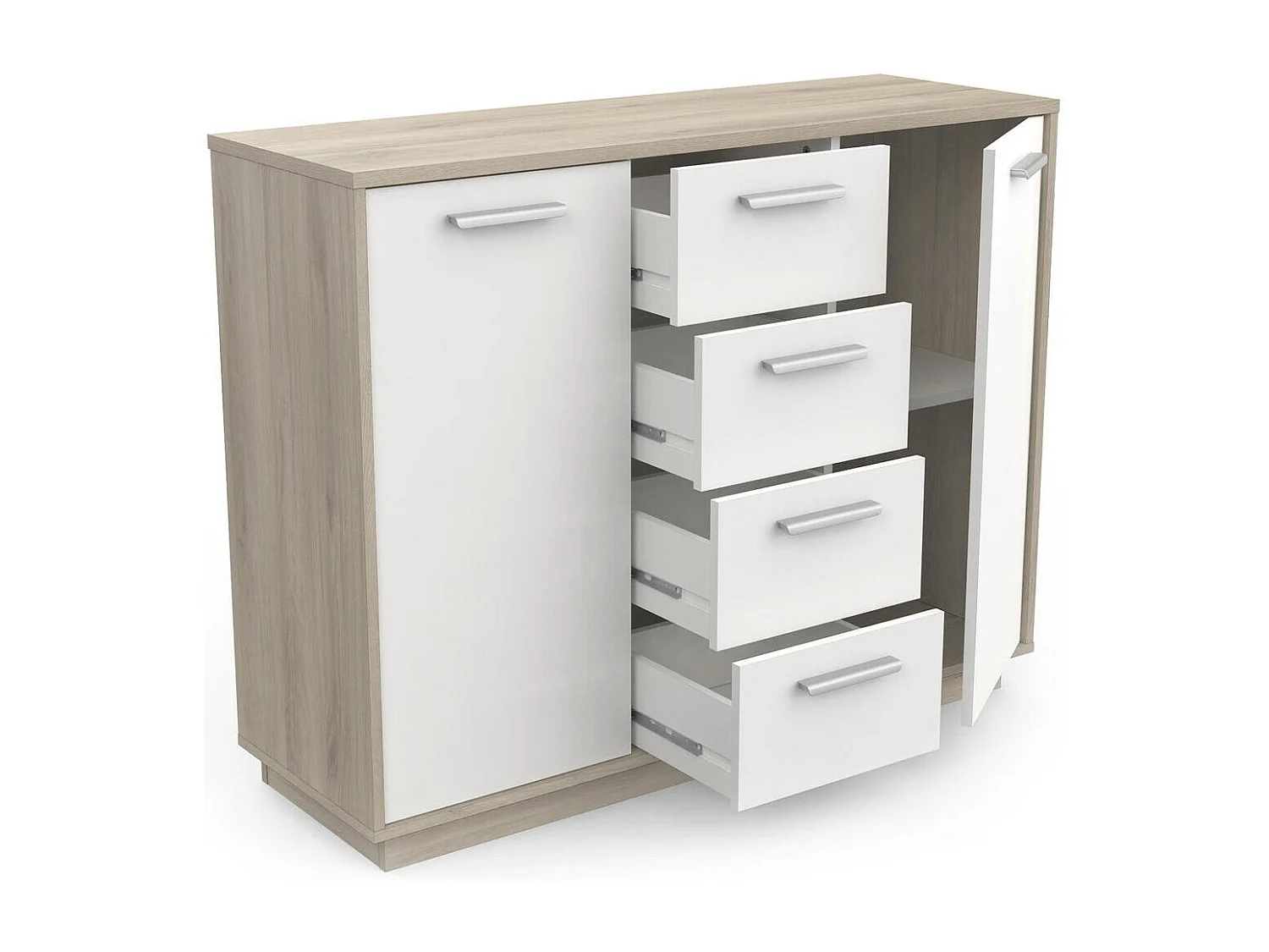 Buffet 2 portes 4 tiroirs, décor bois et blanc L113 cm - Léo