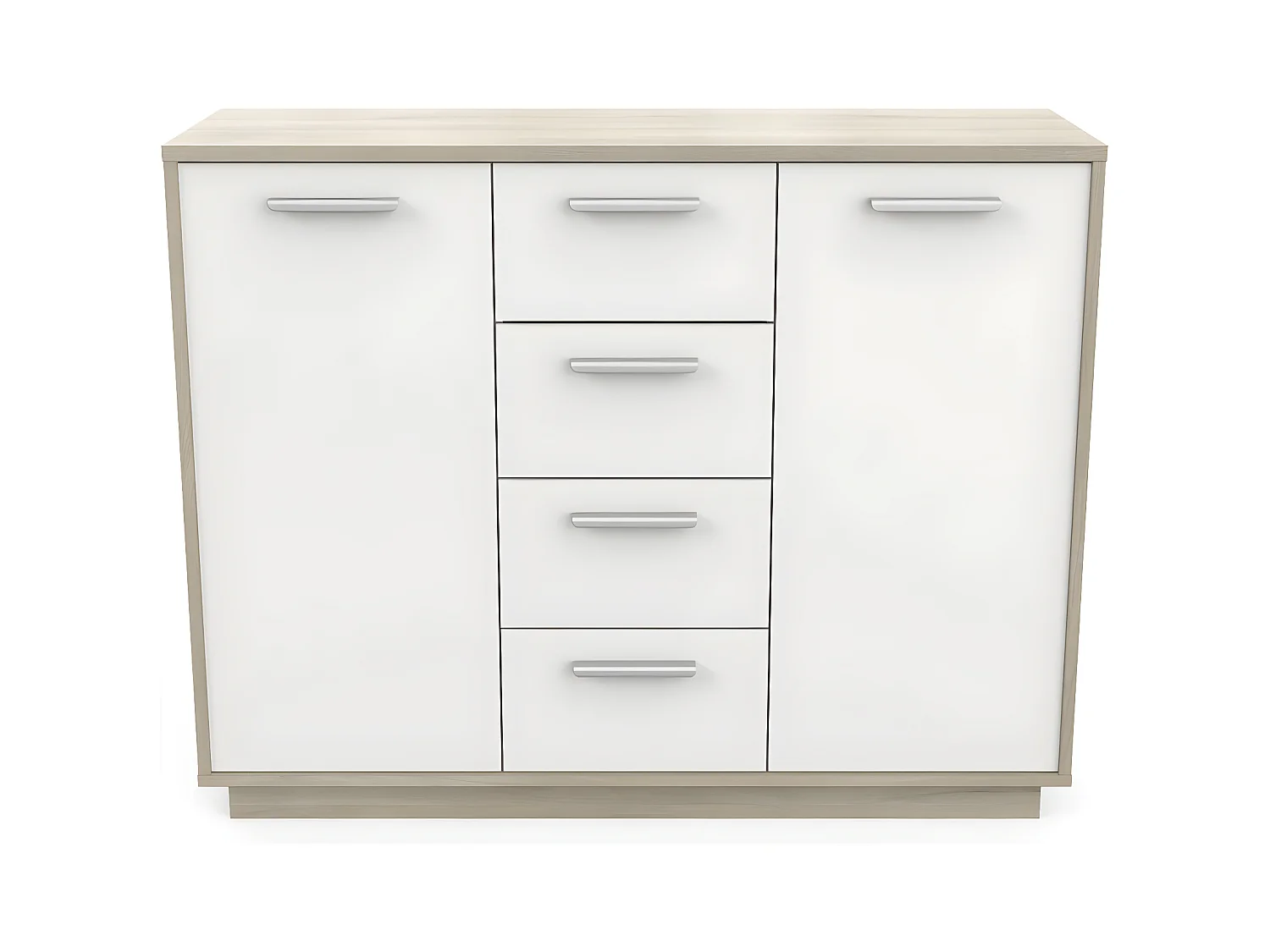 Buffet 2 portes 4 tiroirs, décor bois et blanc L113 cm - Léo