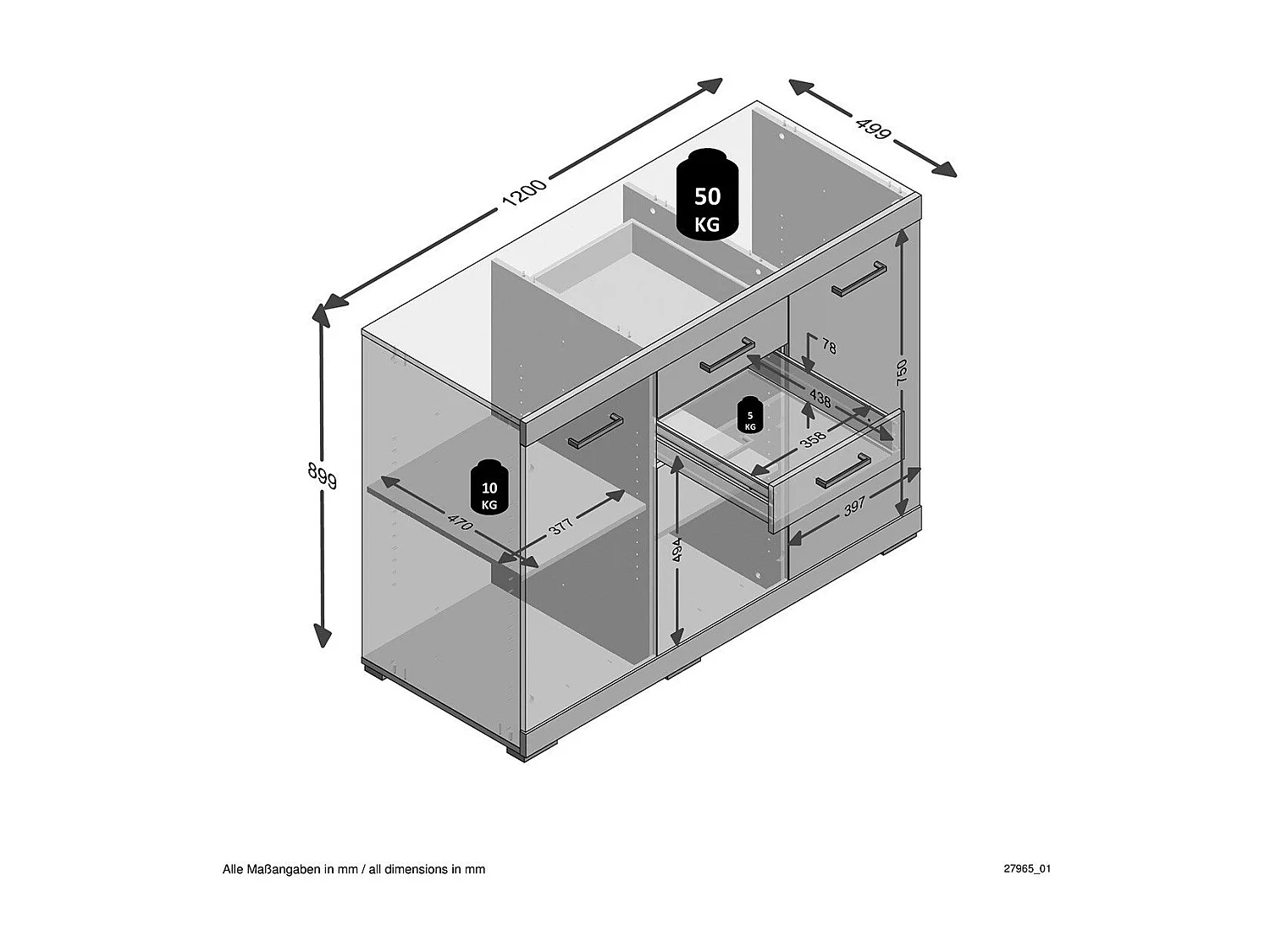 Buffet avec 3 Portes et 2 Tiroirs L120cm - Bristol