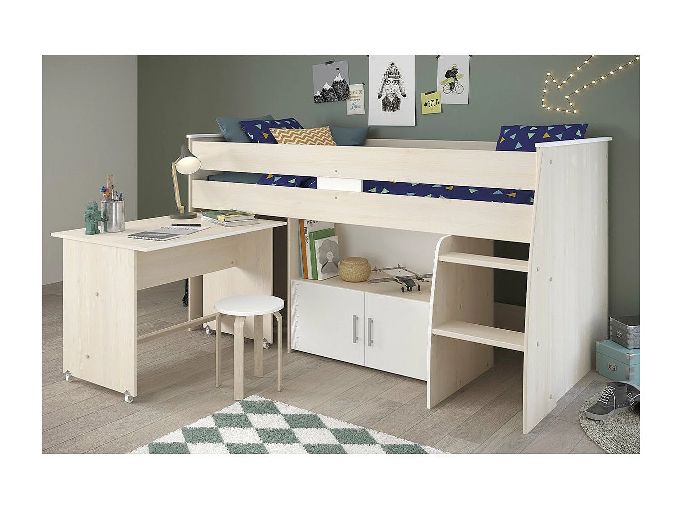 Lit Mezzanine Combiné avec Bureau, Couchage 90x200 cm - Charly