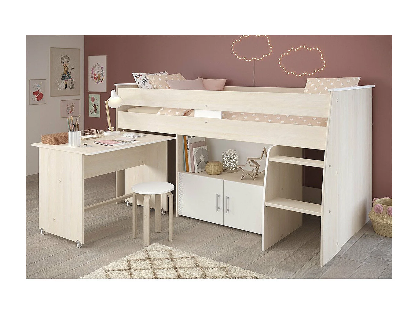 Lit Mezzanine Combiné avec Bureau, Couchage 90x200 cm - Charly