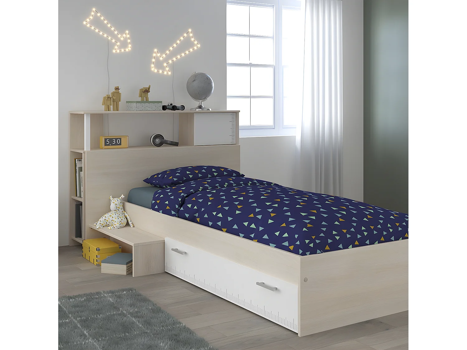 Lit avec rangements marche et tiroir Charly couchage 90x190