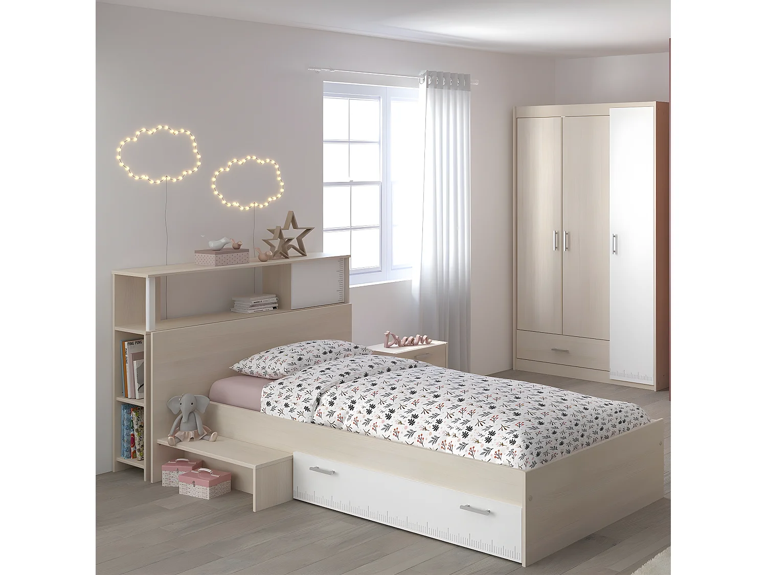 Lit avec rangements marche et tiroir Charly couchage 90x190