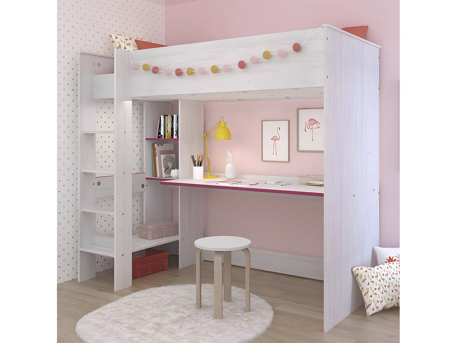 Lit Mezzanine avec Bureau effet bois blanc - 90x200 - Snoozy