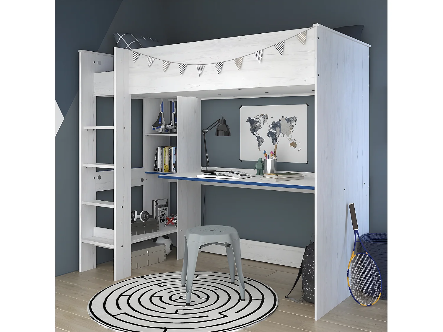 Lit Mezzanine avec Bureau effet bois blanc - 90x200 - Snoozy