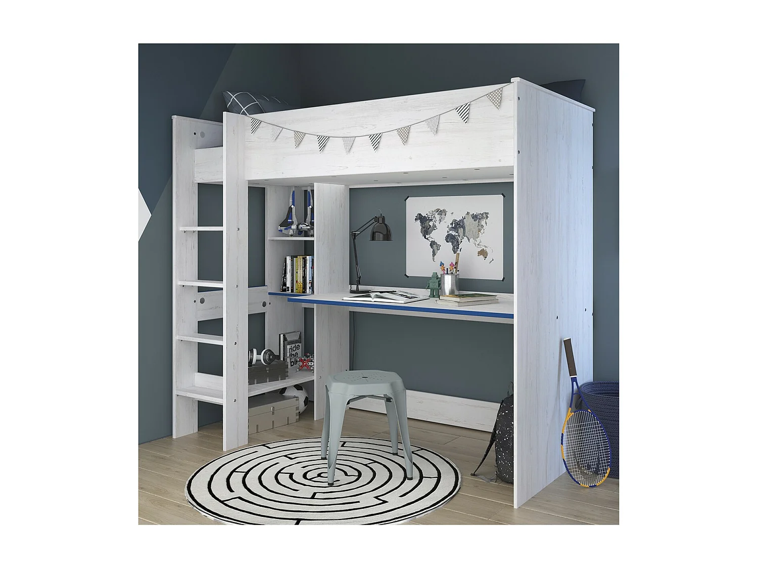 Lit Mezzanine avec Bureau effet bois blanc - 90x200 - Snoozy