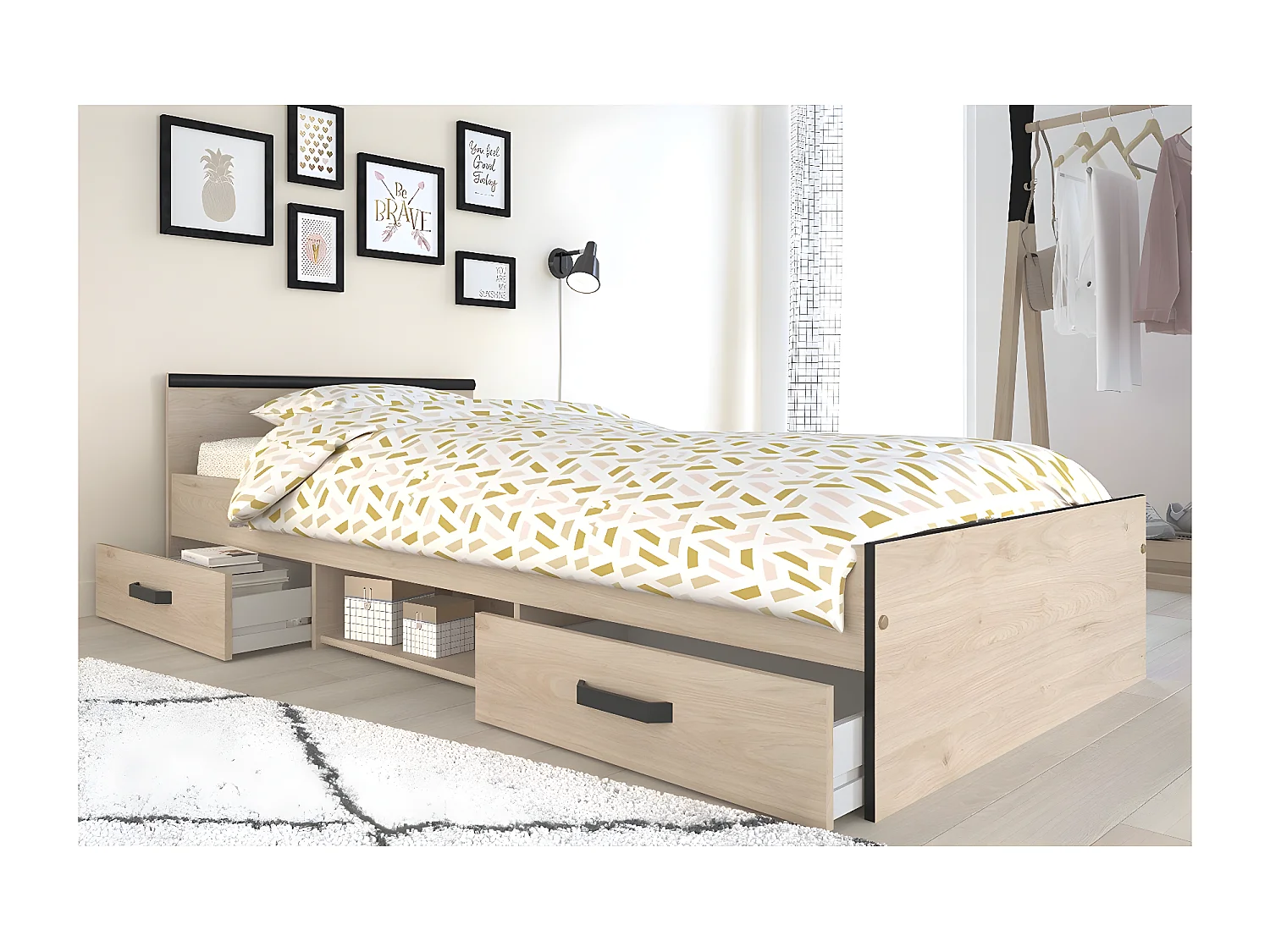 Lit avec 2 tiroirs de rangement couchage 90x200 - Nashville