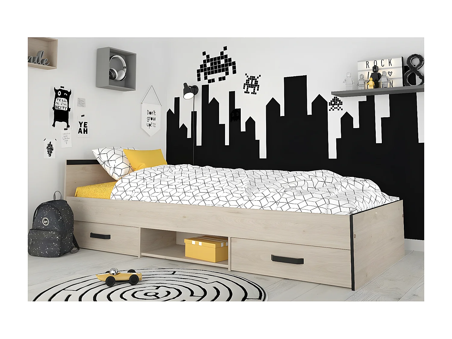 Bett mit 2 Schubladen mit Stauraum Liegefläche 90x200 - Nashville