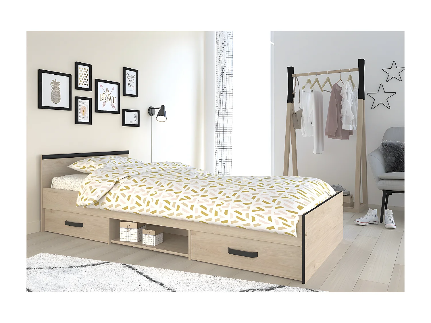 Bett mit 2 Schubladen mit Stauraum Liegefläche 90x200 - Nashville