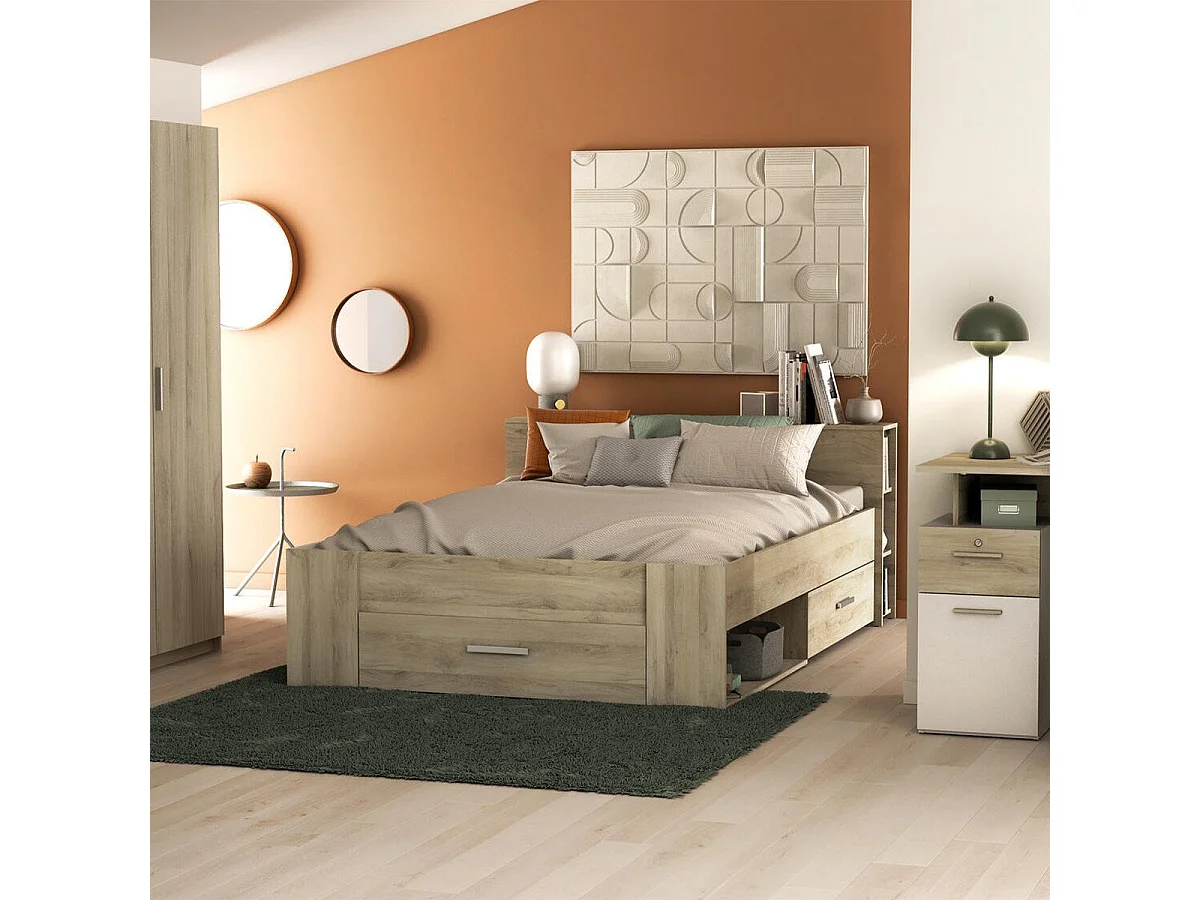 Lit 2 Places avec 3 Tiroirs et Niches - 140 x 190 cm - Pocket