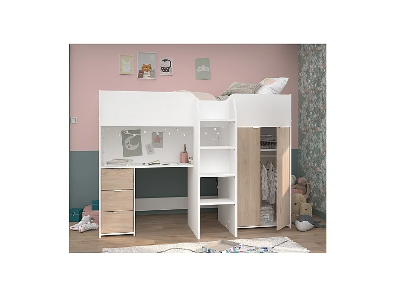 Litera Infantil con Escritorio y Almacenamiento - Decoración Blanca y Roble - 90x200 cm