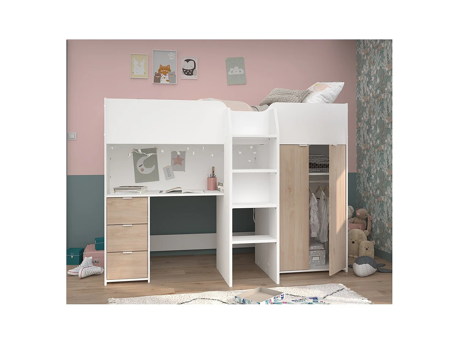 Lit Combiné avec Bureau, Rangements et Penderie - 90x200 cm - Tom