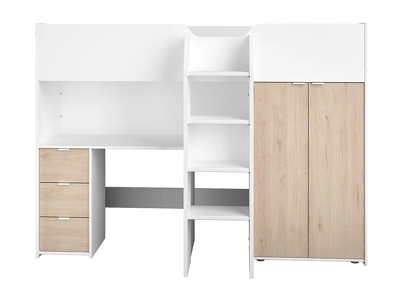 Hochbett für Kinder mit Schreibtisch und Stauraum - Weiß und Eiche - 90x200 cm