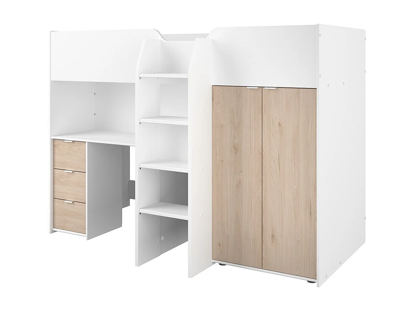 Hochbett für Kinder mit Schreibtisch und Stauraum - Weiß und Eiche - 90x200 cm