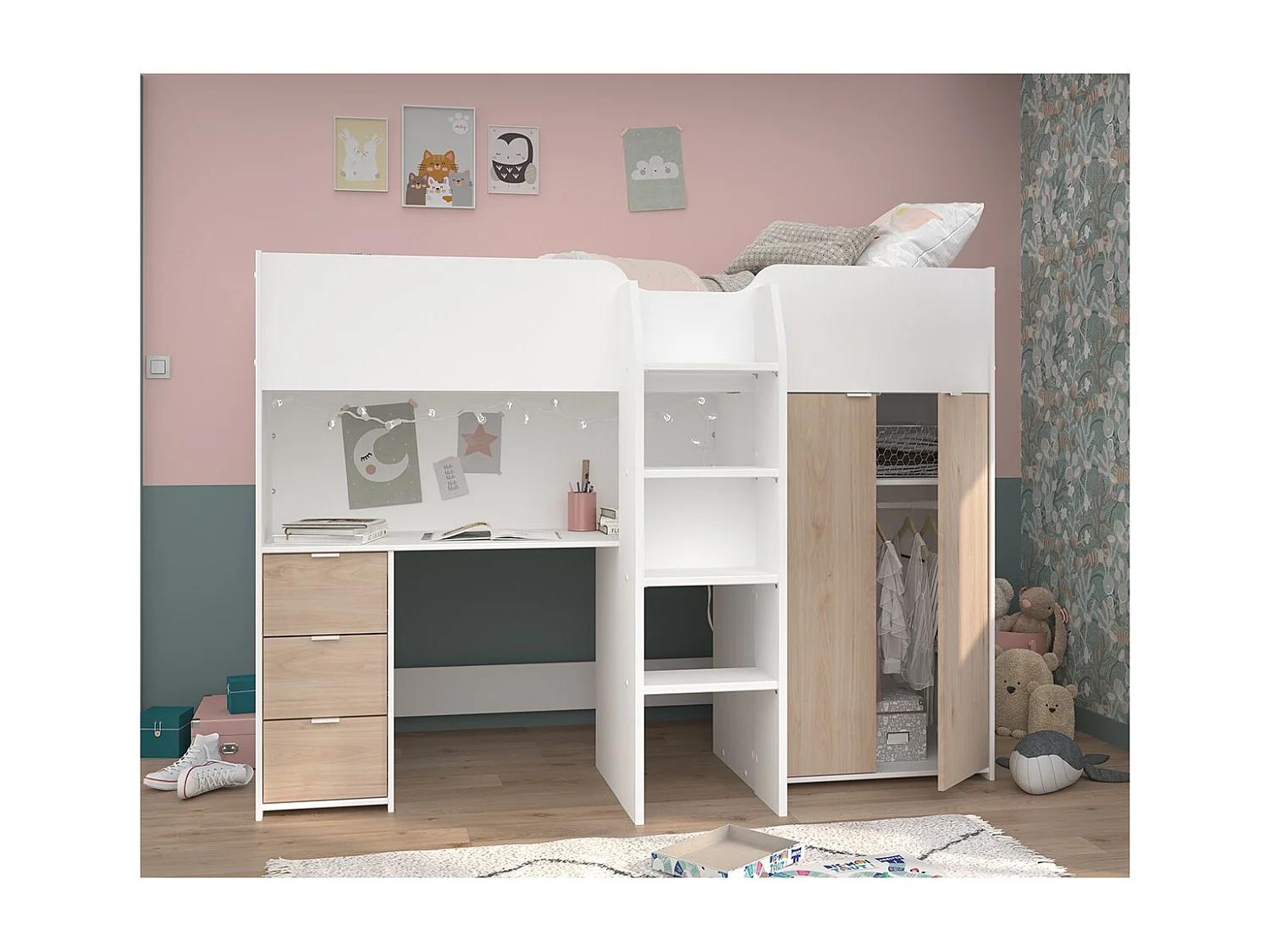 Lit Combiné avec Bureau, Rangements et Penderie - 90x200 cm - Tom