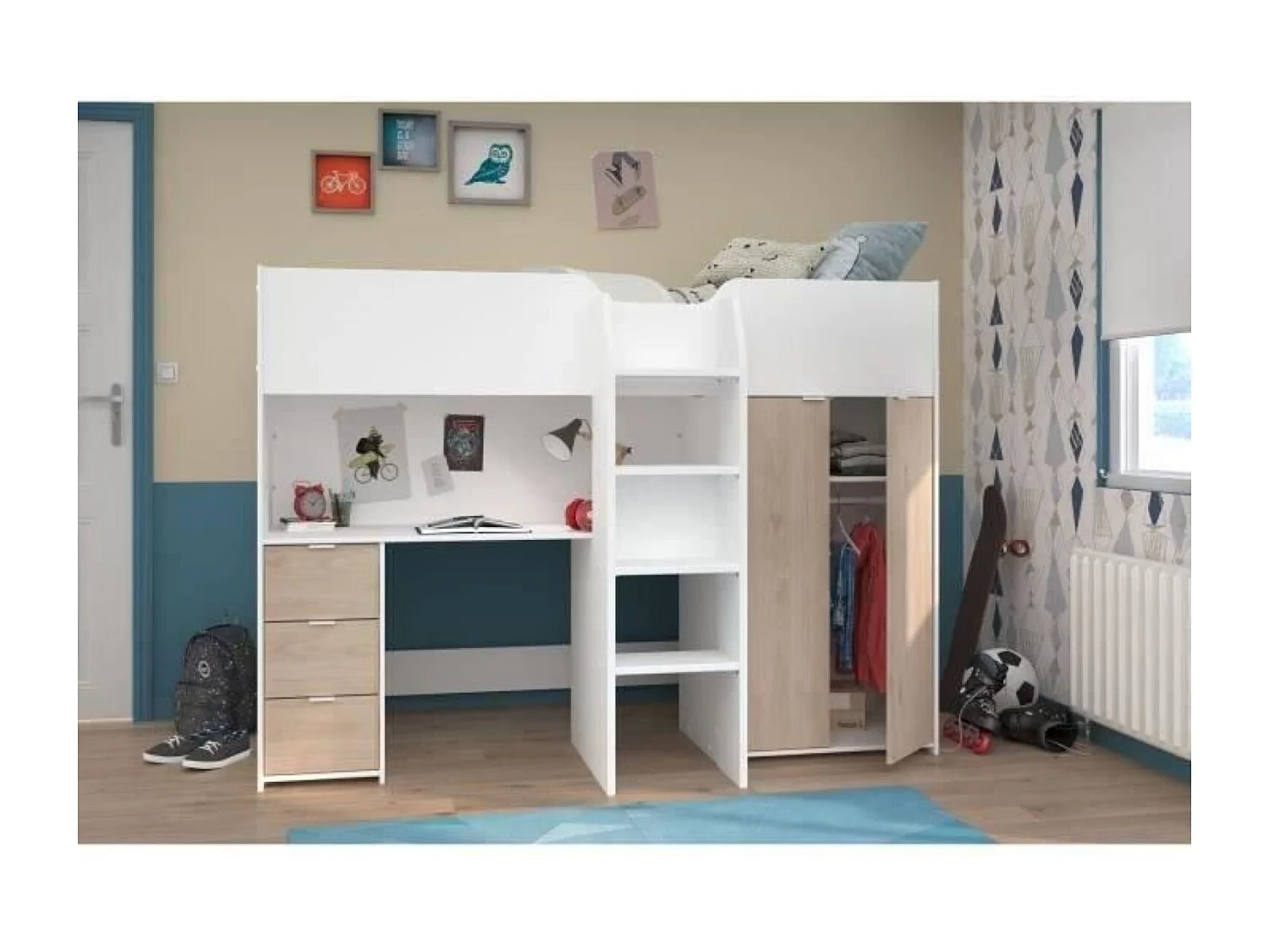 Lit Combiné avec Bureau, Rangements et Penderie - 90x200 cm - Tom