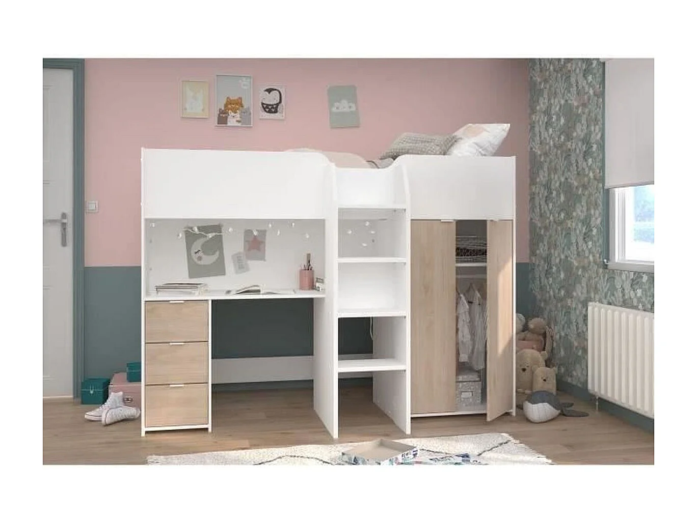 Lit Combiné avec Bureau, Rangements et Penderie - 90x200 cm - Tom