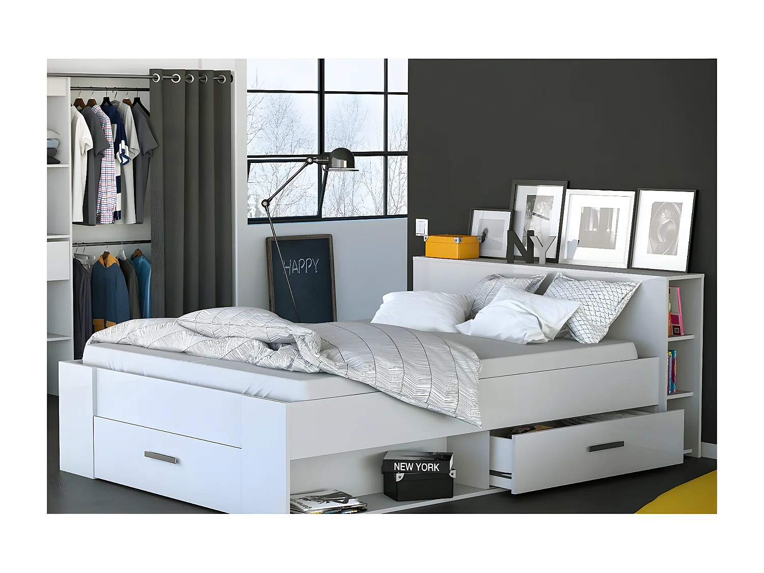 Weißes Doppelbett mit 3 Schubladen und Nischen 140x190 cm - Pocket