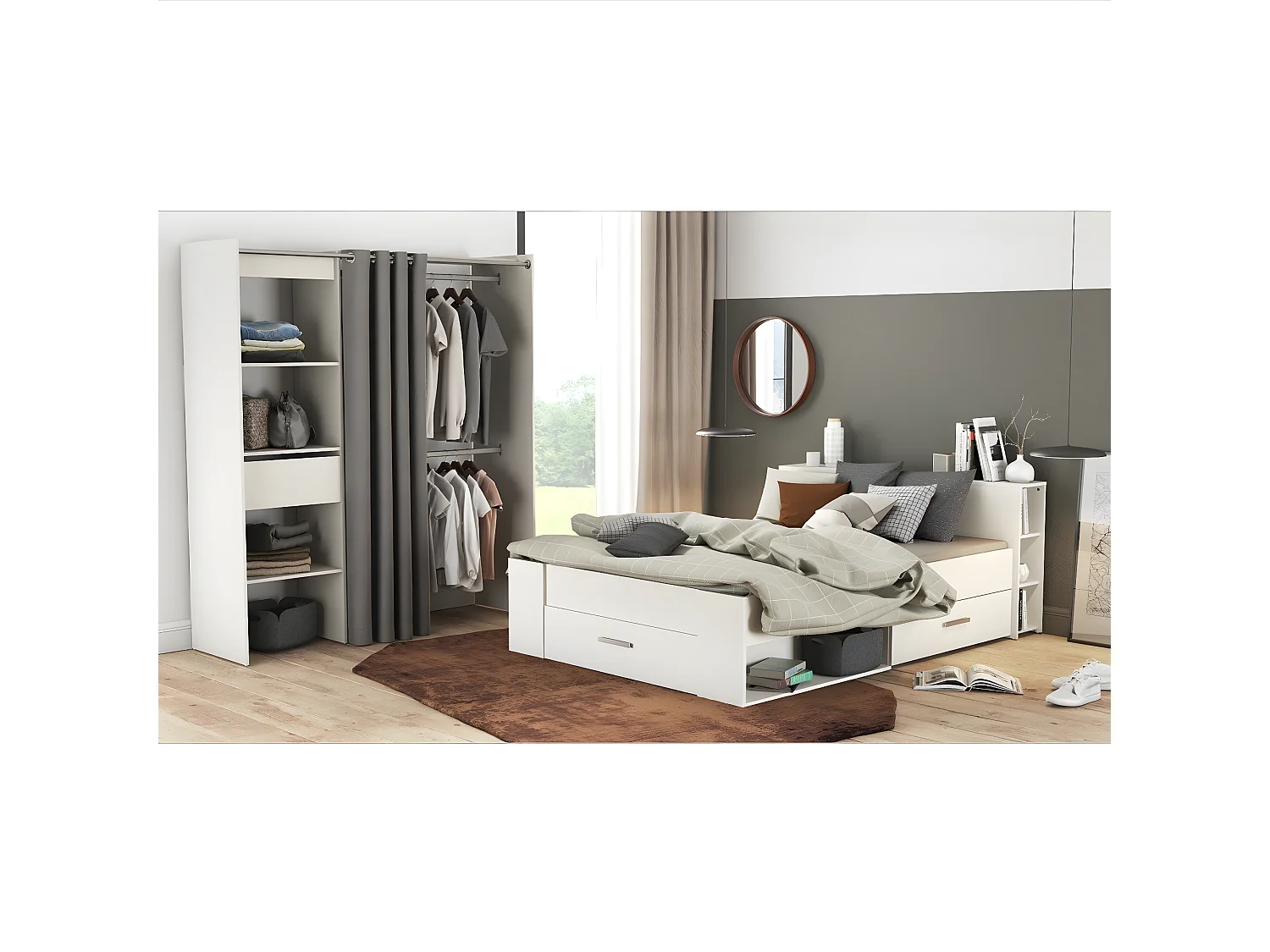 Weißes Doppelbett mit 3 Schubladen und Nischen 140x190 cm - Pocket