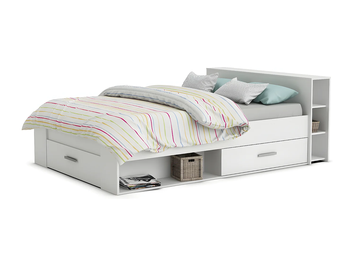 Weißes Doppelbett mit 3 Schubladen und Nischen 140x190 cm - Pocket