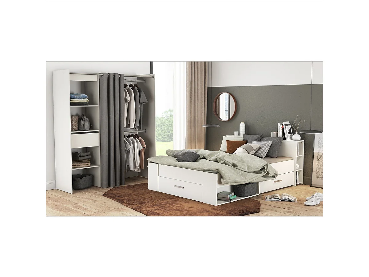 Bed 2 plaatsen Wit met 3 laden en nissen 140x190 cm - Pocket