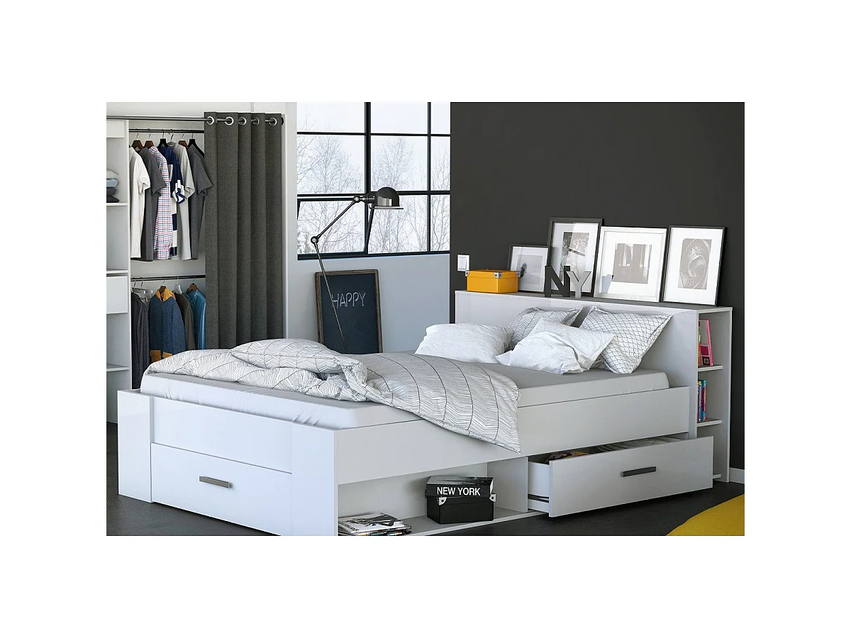 Bed 2 plaatsen Wit met 3 laden en nissen 140x190 cm - Pocket