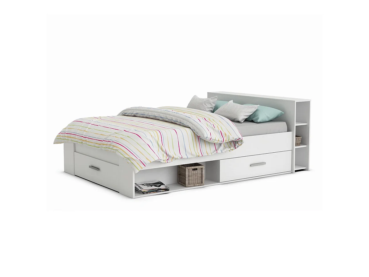 Bed 2 plaatsen Wit met 3 laden en nissen 140x190 cm - Pocket