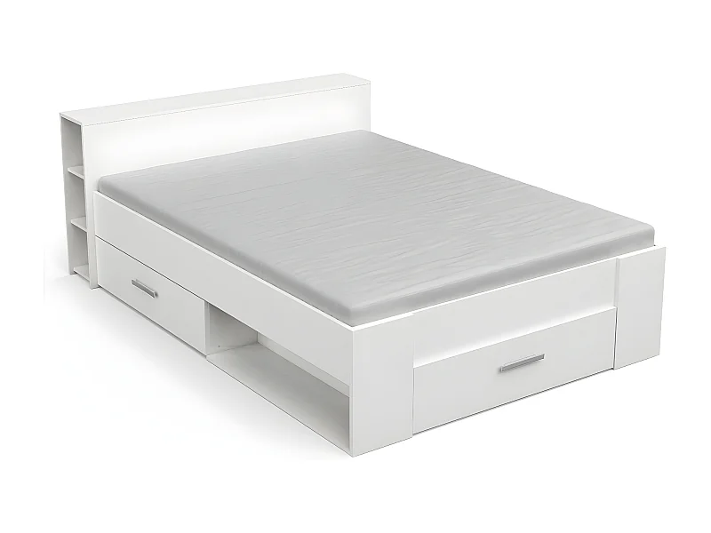 Lit 2 Places Blanc avec 3 Tiroirs et Niches 140x190 cm - Pocket