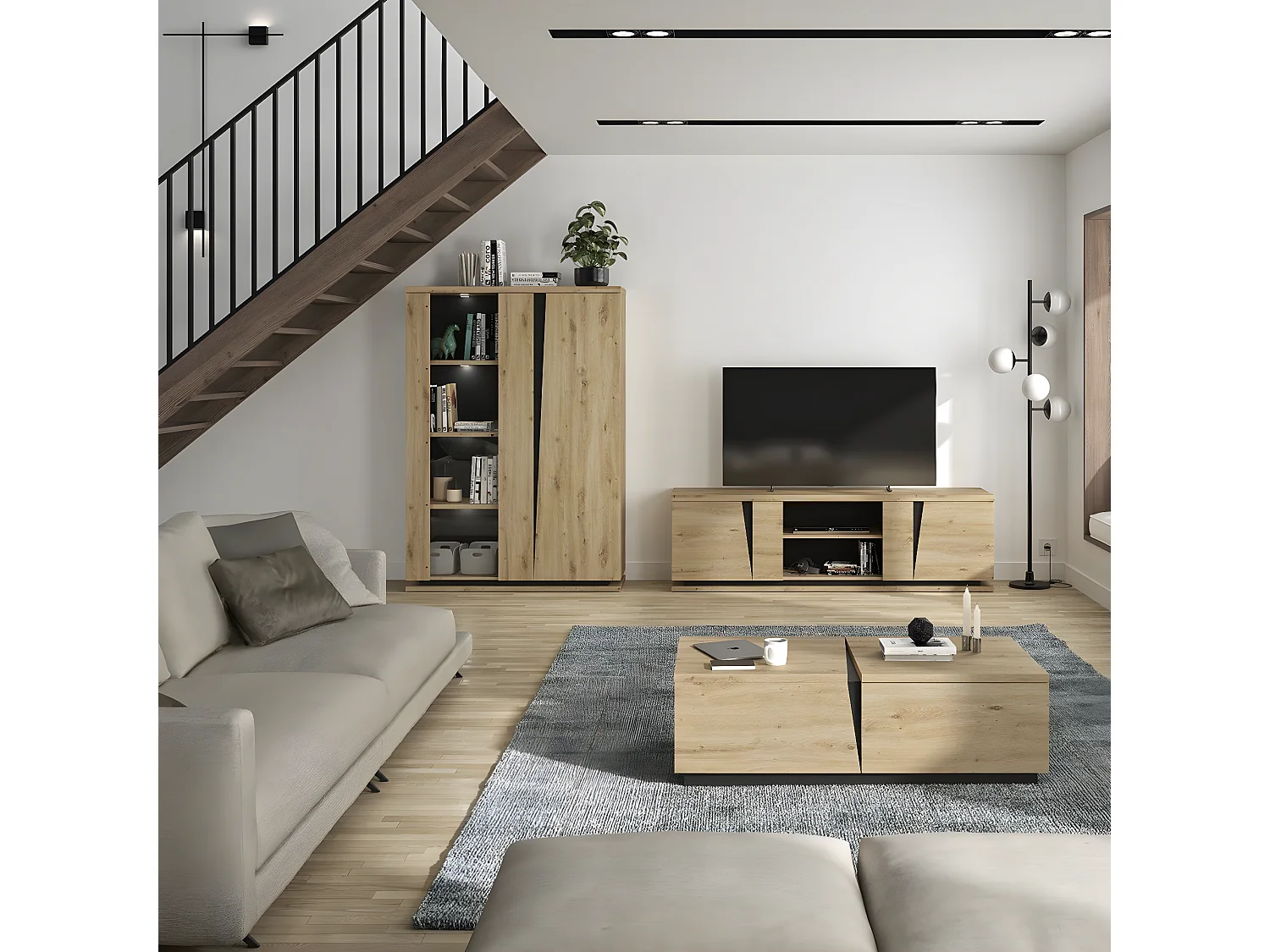 Aparador 2 puertas con vitrina e iluminación - Acabado roble y negro