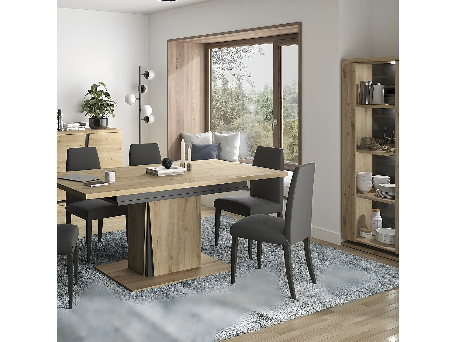 Aparador 2 puertas con vitrina e iluminación - Acabado roble y negro