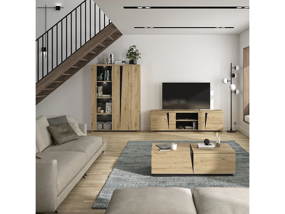 Aparador 2 puertas con vitrina e iluminación - Acabado roble y negro