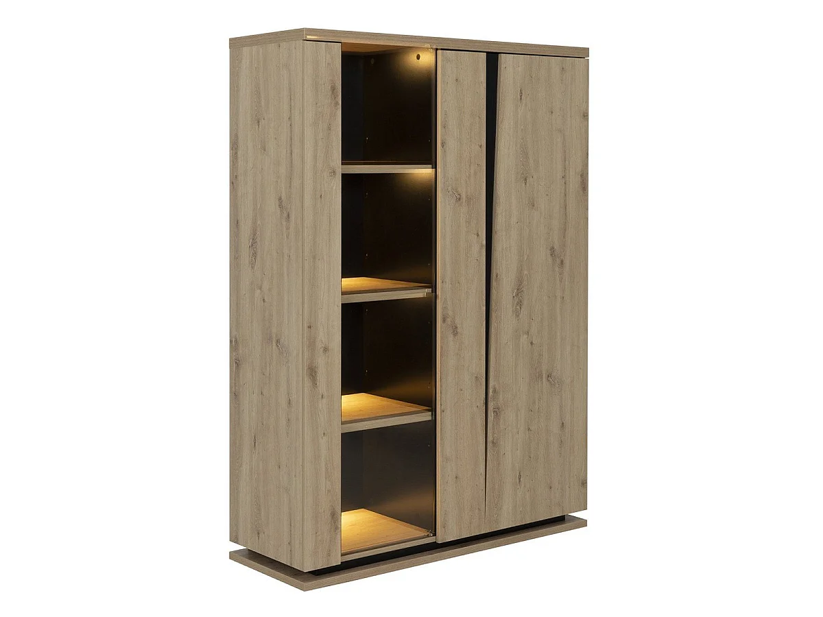 Aparador 2 puertas con vitrina e iluminación - Acabado roble y negro