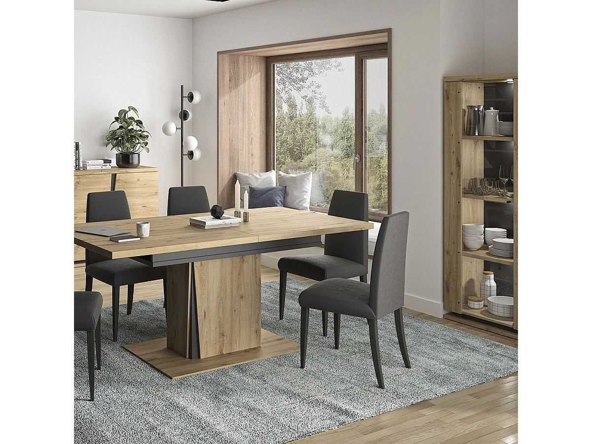 Aparador 2 puertas con vitrina e iluminación - Acabado roble y negro