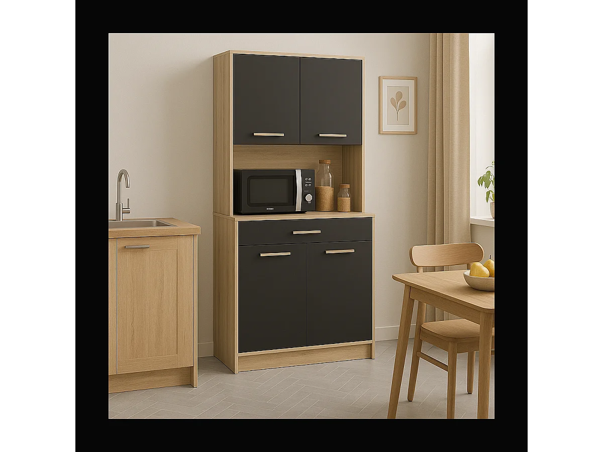 Highboard mit 4 Türen und 1 Schublade, Dekor Holz und Schwarz - L83 cm