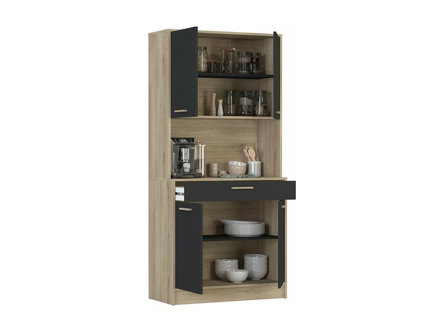 Buffet Haut 4 Portes 1 Tiroir, Décor Chêne et Noir - L83 x H176 cm - Dolce