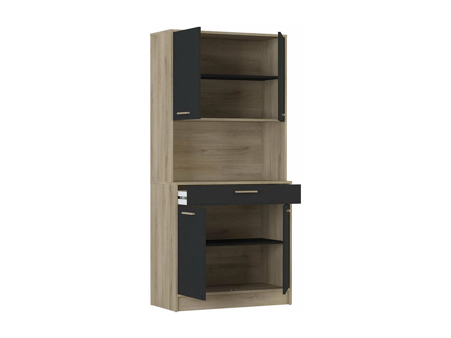 Buffet Haut 4 Portes 1 Tiroir, Décor Chêne et Noir - L83 x H176 cm - Dolce