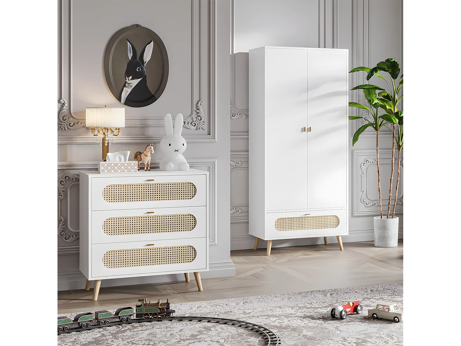 Kommode mit 3 Schubladen und Front aus Rattan L85cm - Canne