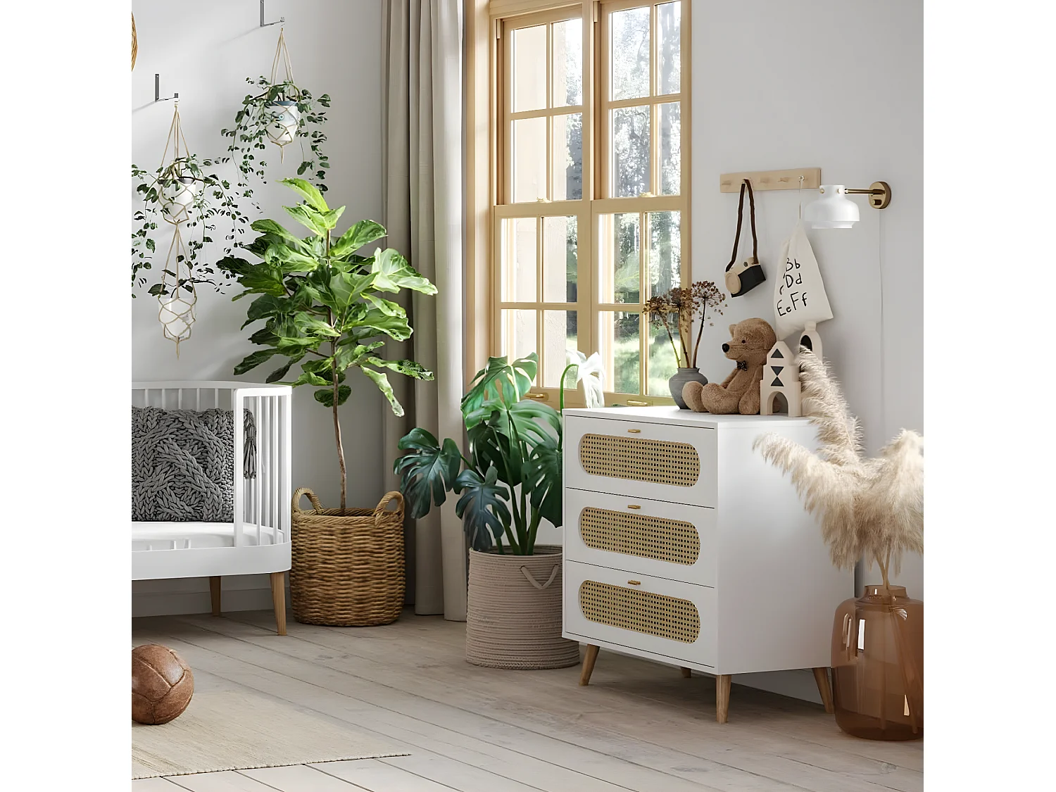 Kommode mit 3 Schubladen und Front aus Rattan L85cm - Canne