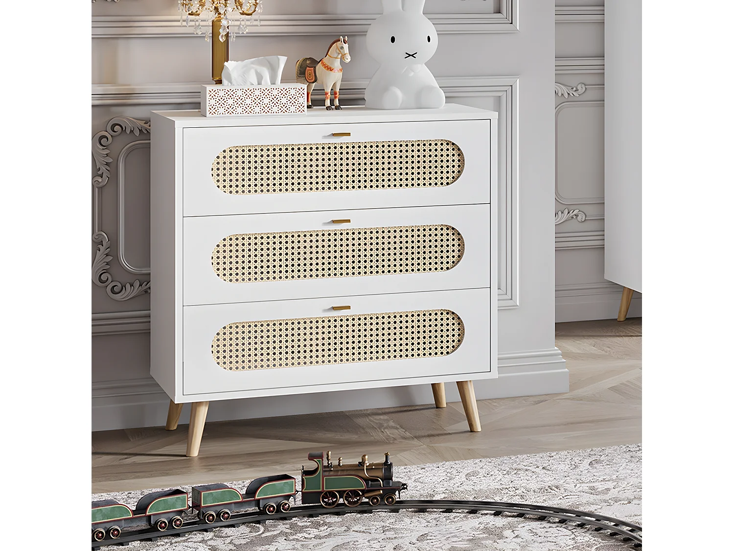 Commode 3 Tiroirs Façade avec Cannage en Rotin L85cm - Canne