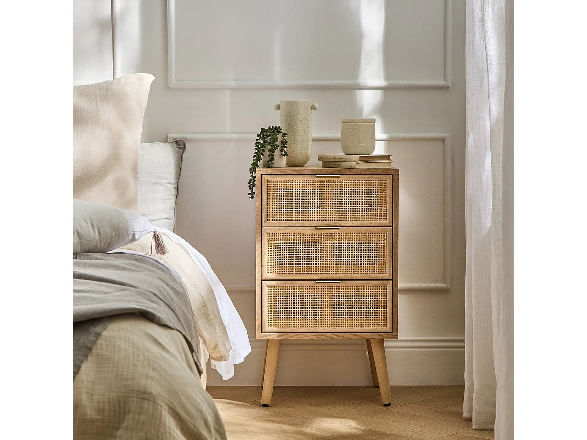 Table de chevet 3 Tiroirs Façade en Cannage Rotin Naturel - MIYA