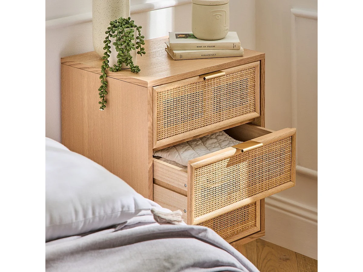 Table de chevet 3 Tiroirs Façade en Cannage Rotin Naturel - MIYA