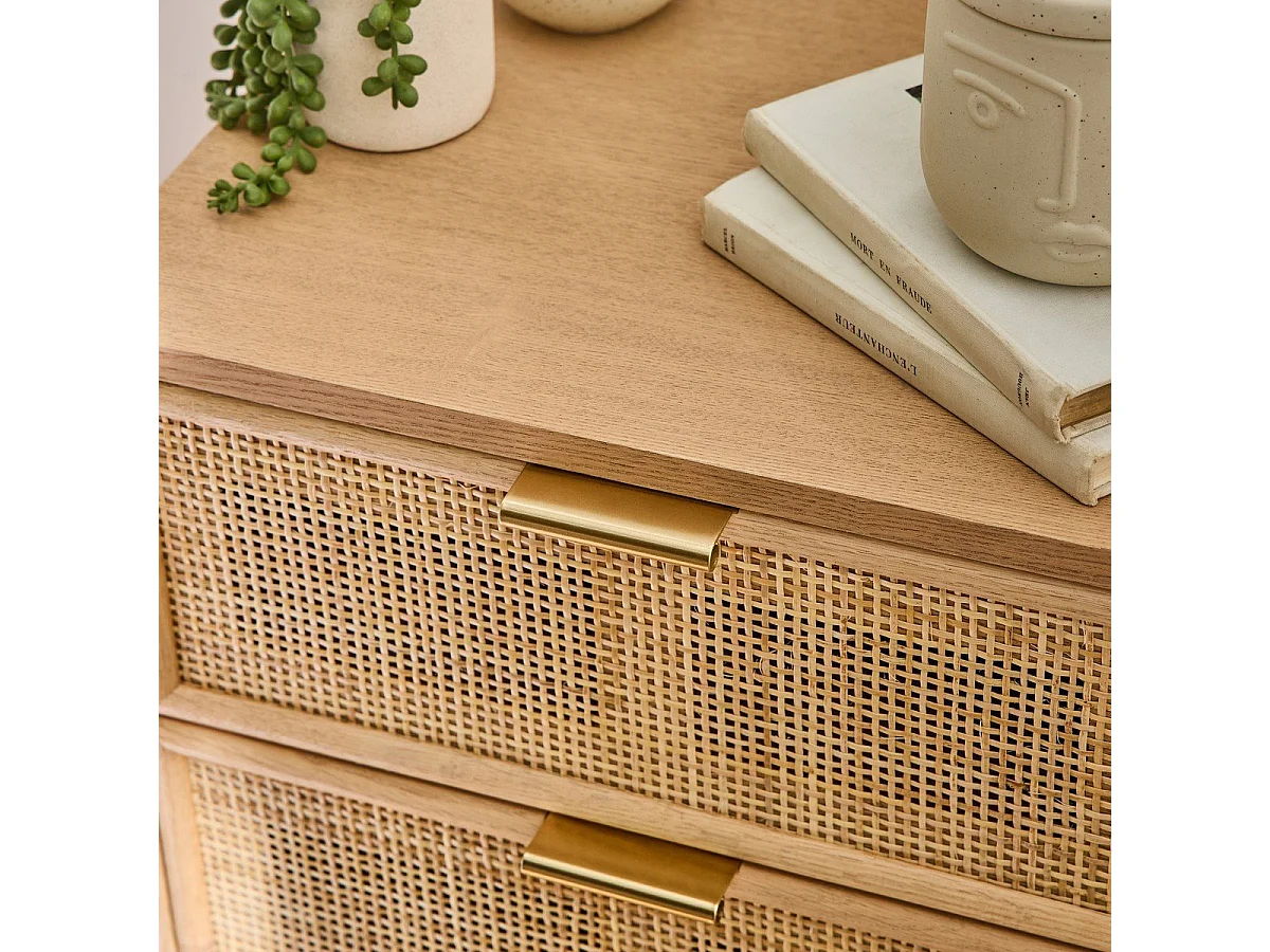 Table de chevet 3 Tiroirs Façade en Cannage Rotin Naturel - MIYA