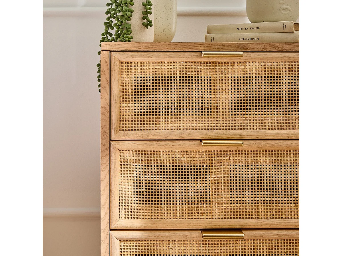 Table de chevet 3 Tiroirs Façade en Cannage Rotin Naturel - MIYA