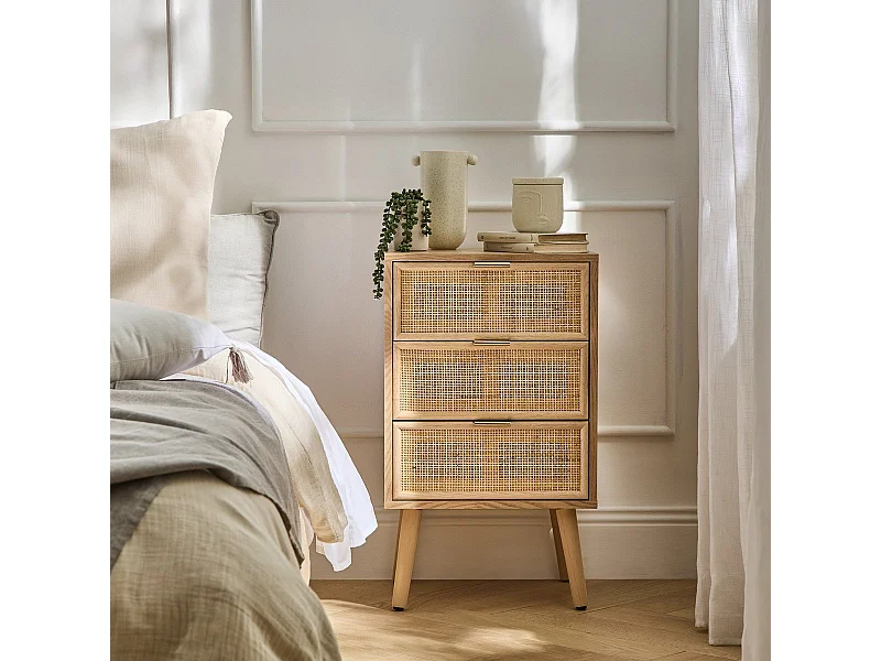 Table de chevet 3 Tiroirs Façade en Cannage Rotin Naturel - MIYA